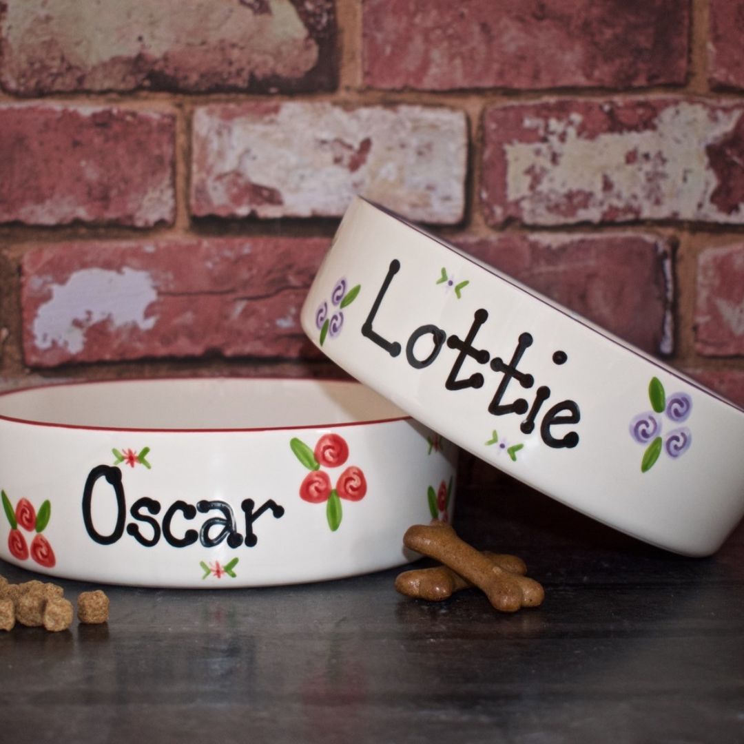 Personalised Ceramic Roses Dog Bowls