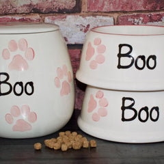 Personalised Slanted Paw Print Dog Bowls And Treat Jar Set
