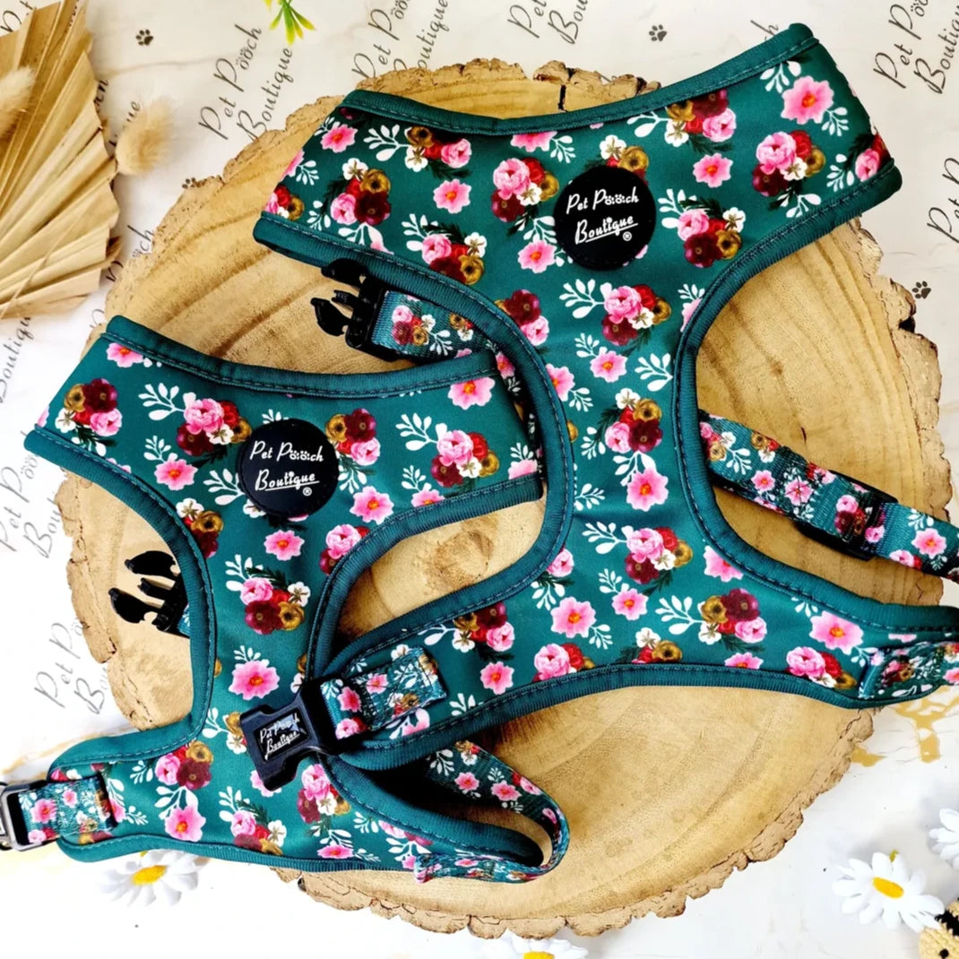 Vintage Clover Green Peonies Dog Harness