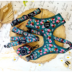 Vintage Clover Green Peonies Dog Harness