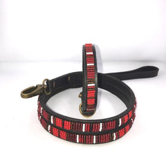 Luxury Masai Beaded Leather Dog Collars In Red
