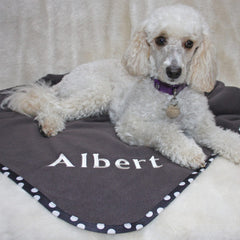 Luxury Personalised Pet Blankets In Charcoal Grey With Black/Cream Spots