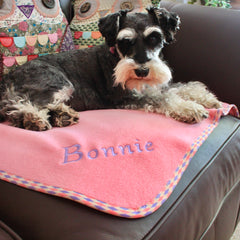 Luxury Personalised Pet Blankets In Rose Pink With Lilac/Pink Harlequin