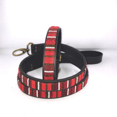 Luxury Masai Beaded Leather Dog Collars In Red