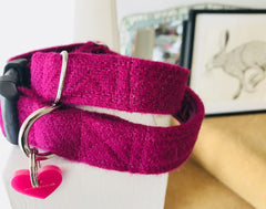 Madge Fuchsia Velvet Lined Harris Tweed Designer Dog Collar