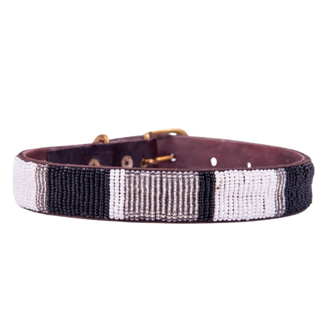 Designer Beaded Leather Dog Collar Black, White and Silver