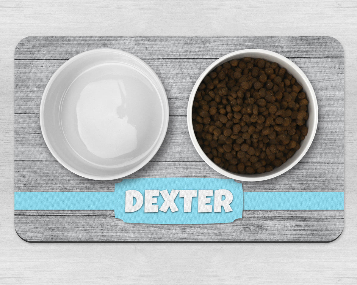 Personalised Grey Wood Effect With Banner Neoprene Pet Bowl Placemat