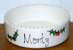 Personalised Ceramic Christmas Holly Dog Bowls