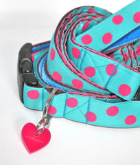 Tropical Turquoise and Pink Polka Dot Designer Dog Collar And Lead Set