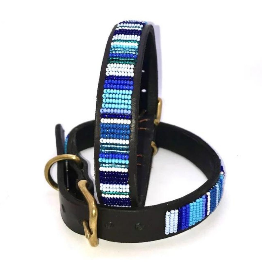 Luxury Masai Beaded Leather Dog Collars In Blue