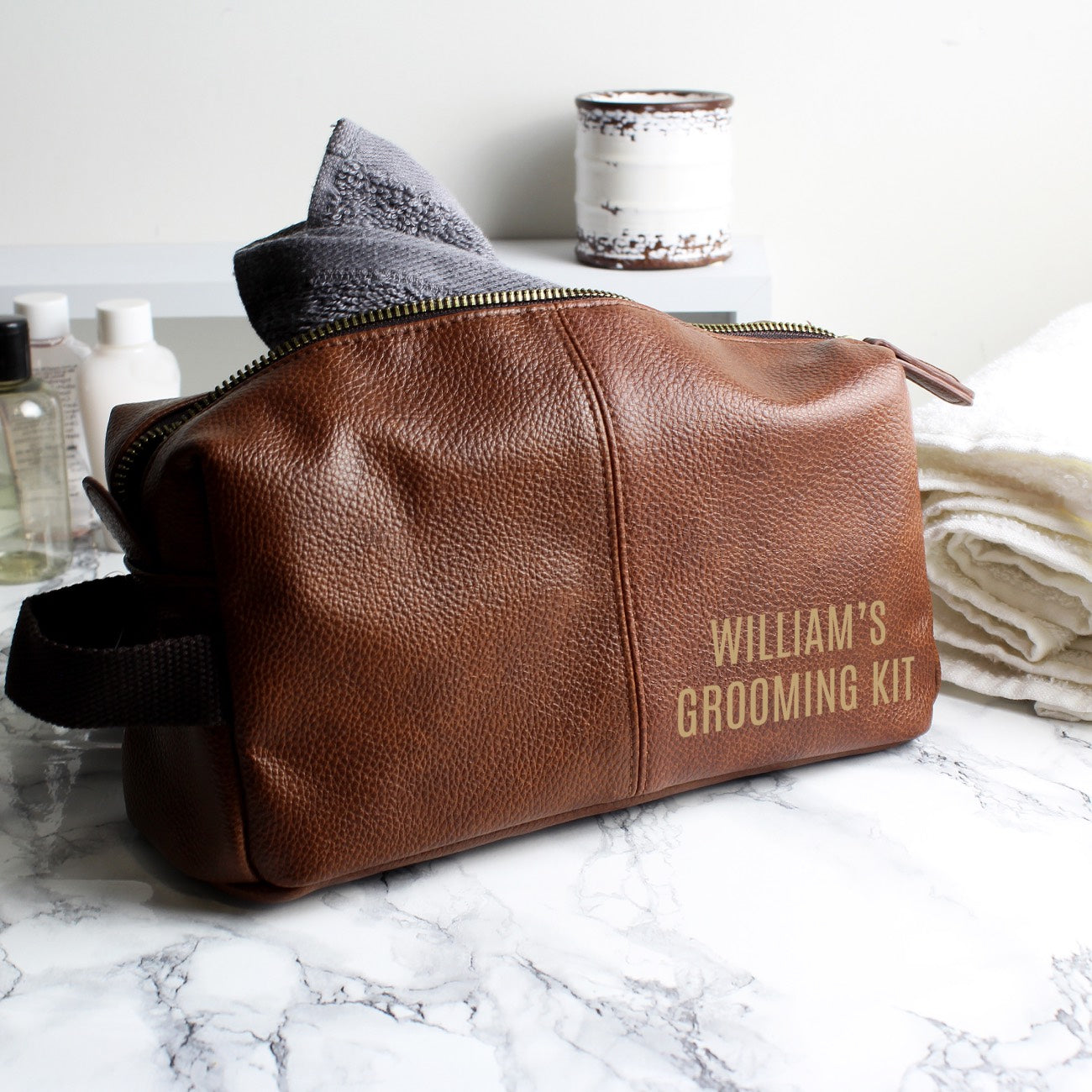 Personalised Luxury Brown Leather Wash Bag
