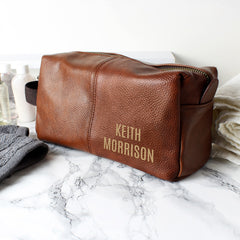 Personalised Luxury Brown Leather Wash Bag