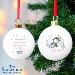 Personalised The Snowman and the Snowdog Pink Bauble | Christmas Gifts For Dog Lovers