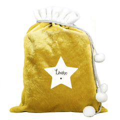 Personalised Star Luxury Pom Pom Gold Velvet Christmas Sack