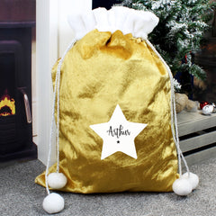 Personalised Star Luxury Pom Pom Gold Velvet Christmas Sack