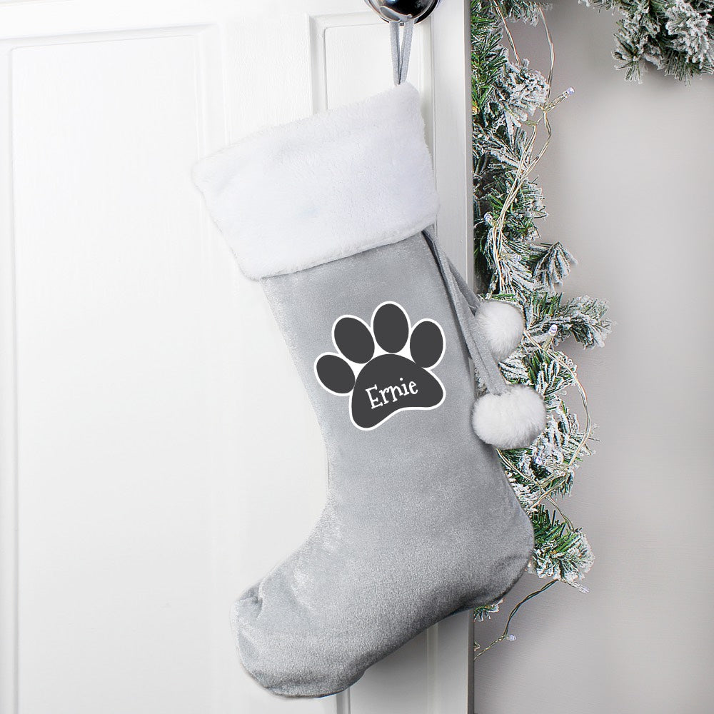 Personalised Paw Print Silver Grey Stocking For Pets