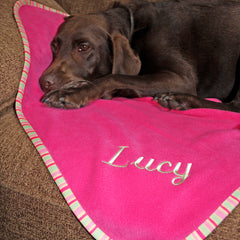 Luxury Personalised Pet Blankets In Cerise Pink & Green Apple Stripe
