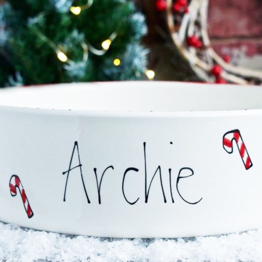 Personalised Ceramic Christmas Candy Canes Dog Bowls