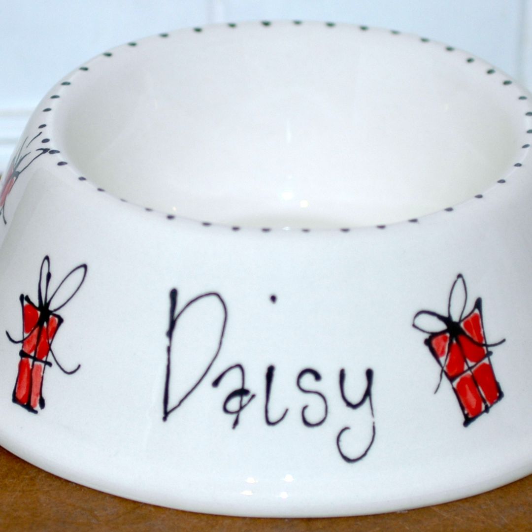 Personalised Ceramic Slanted Christmas Presents Dog Bowls