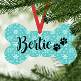 Personalised Christmas Dog Bone Decoration - Turquoise Snowflakes