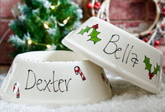 Personalised Ceramic Slanted Christmas Holly Dog Bowls