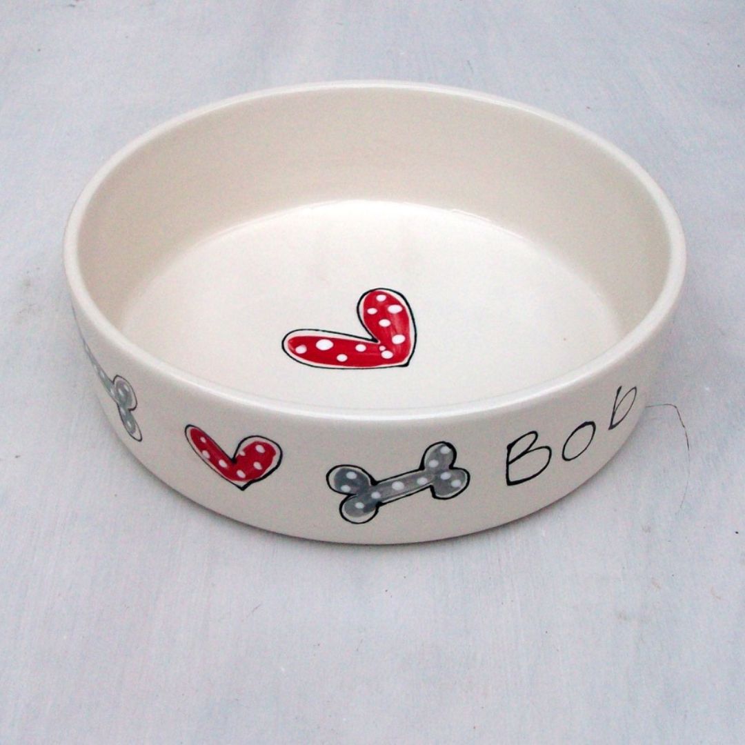 Personalised Hearts and Bones Ceramic Water Dog Bowl