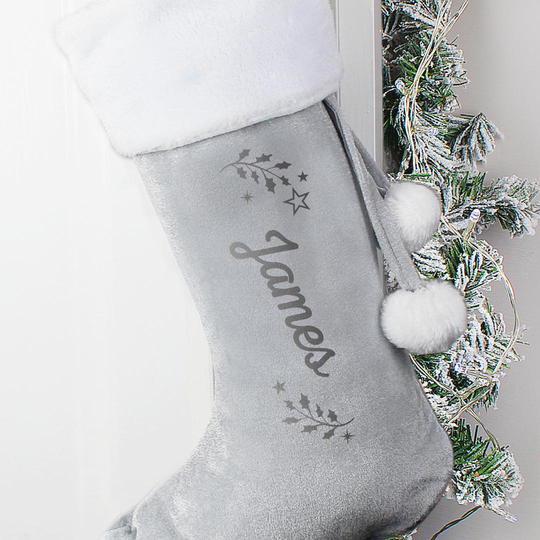 Personalised Holly Grey Velvet Stocking For Pets