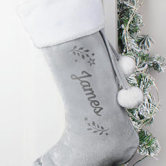 Personalised Holly Grey Velvet Stocking For Pets