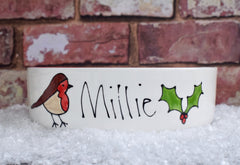 Personalised Robin and Holly Christmas Dog Bowls
