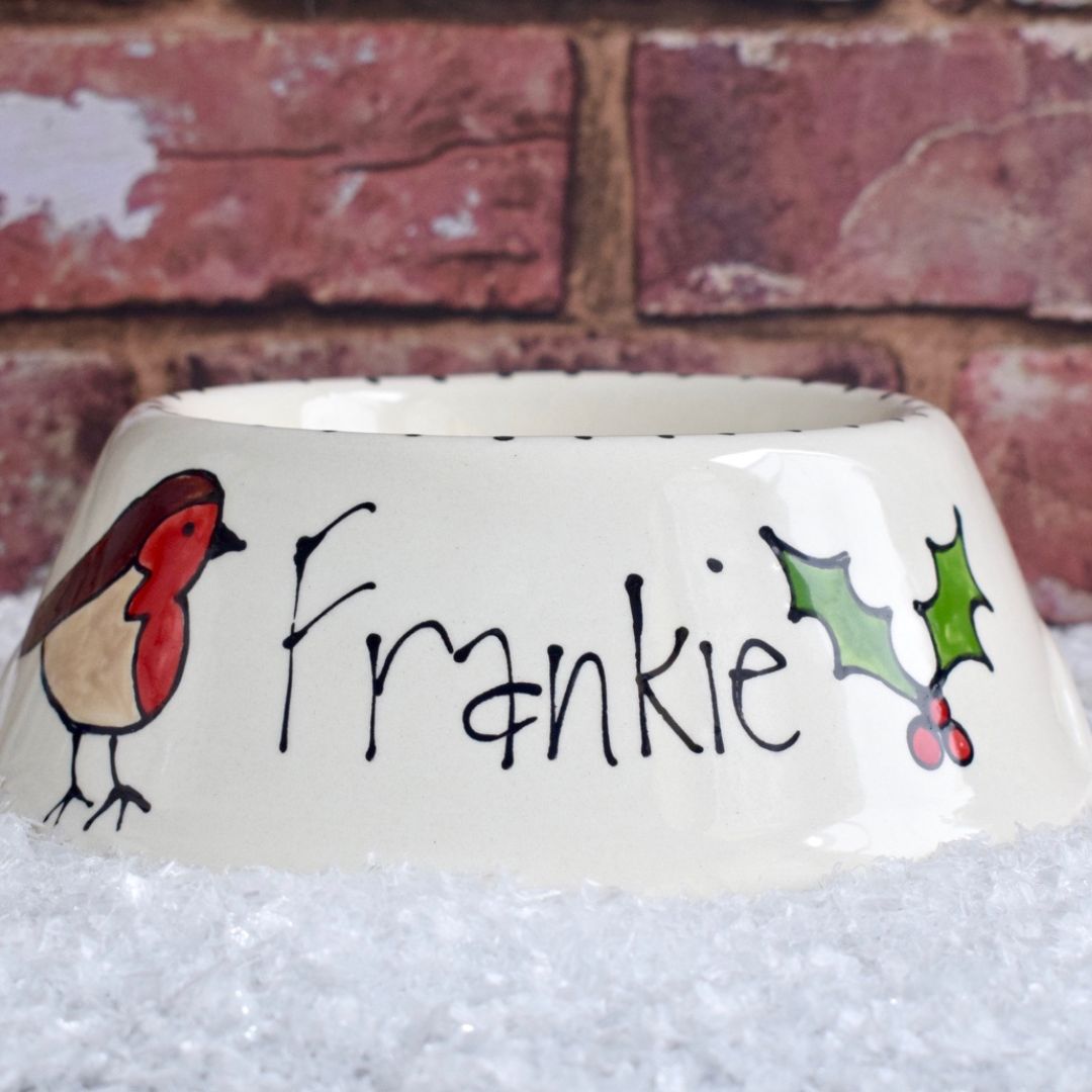 Personalised Slanted Robin and Holly Christmas Dog Bowls