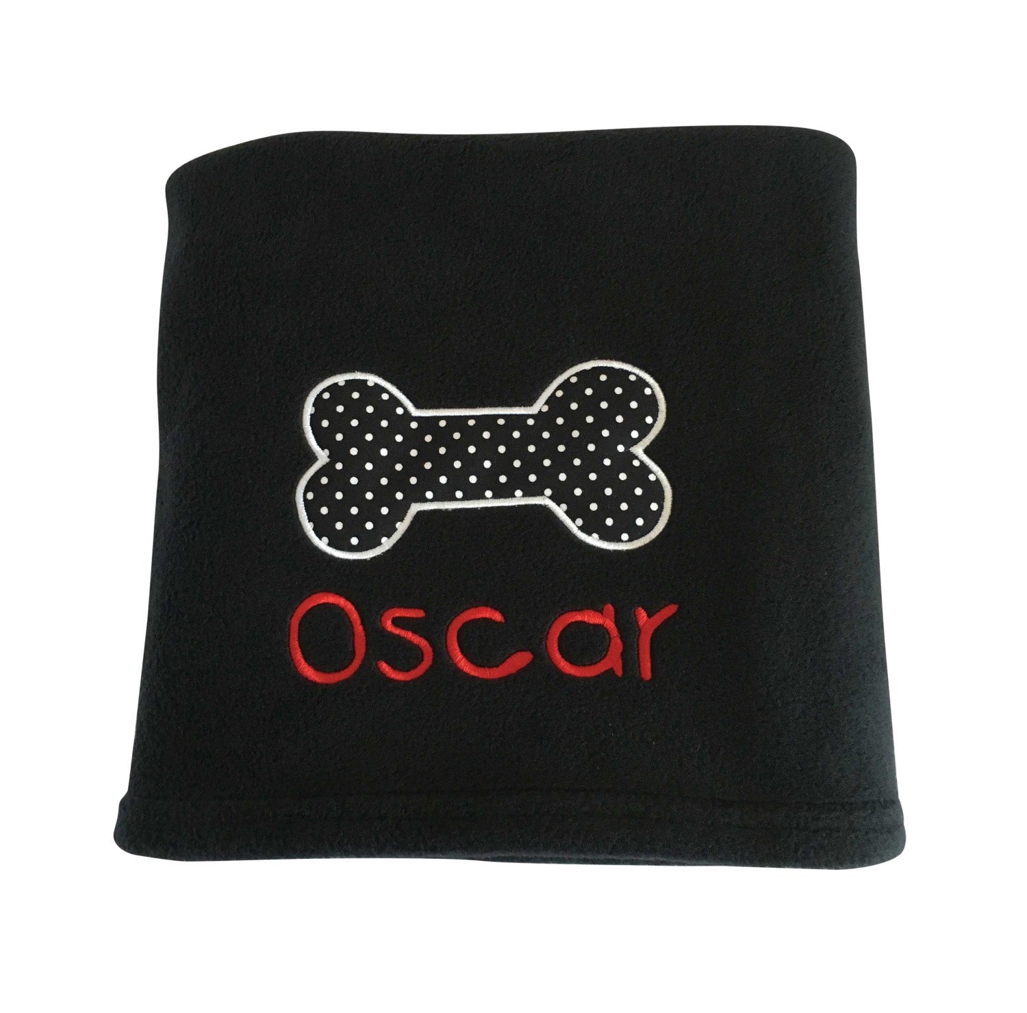 Personalised Black Dog Blanket with Appliqué Polka Dot Bone