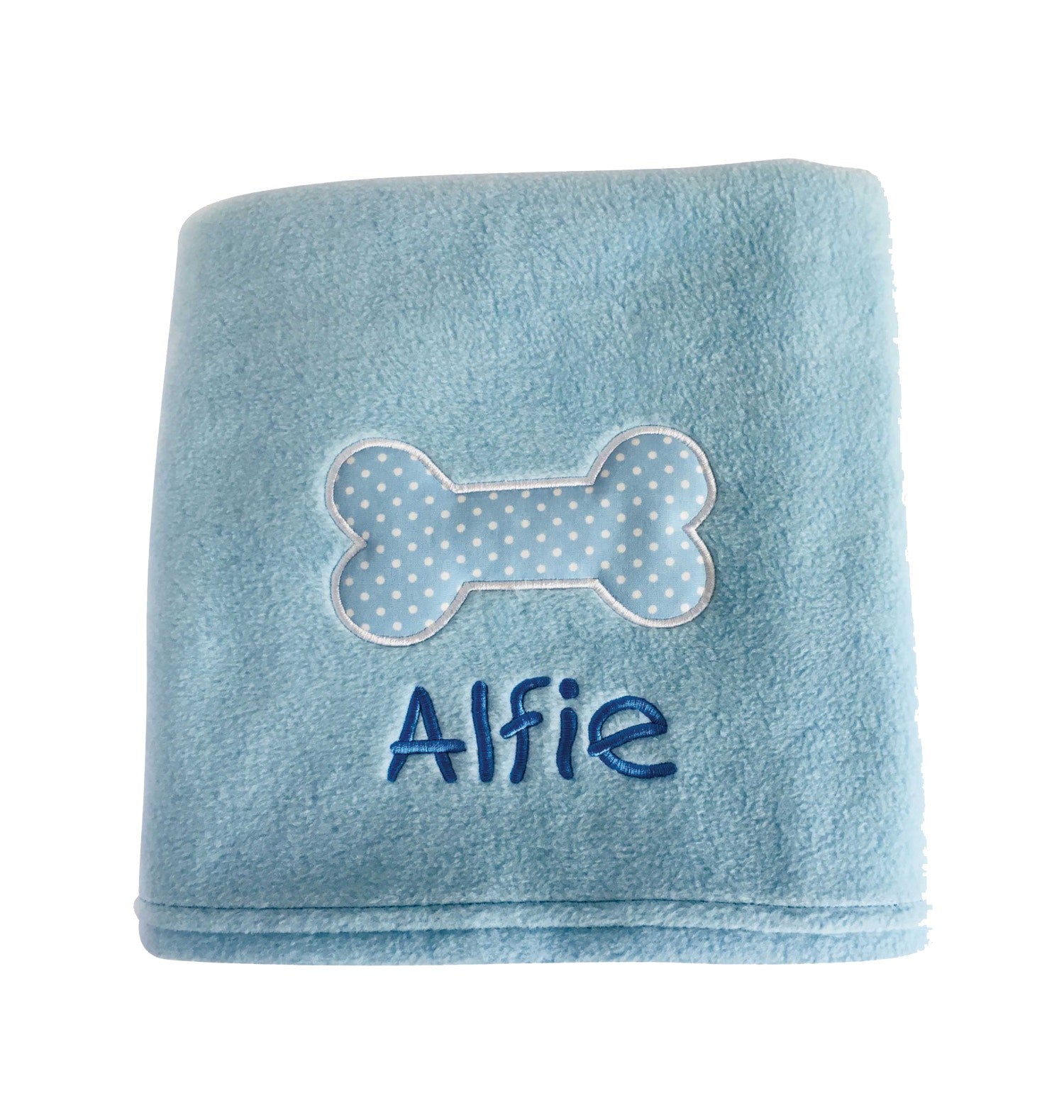 Personalised Blue Dog Blanket with Appliqué Polka Dot Bone