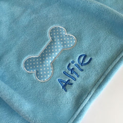 Personalised Blue Dog Blanket with Appliqué Polka Dot Bone 