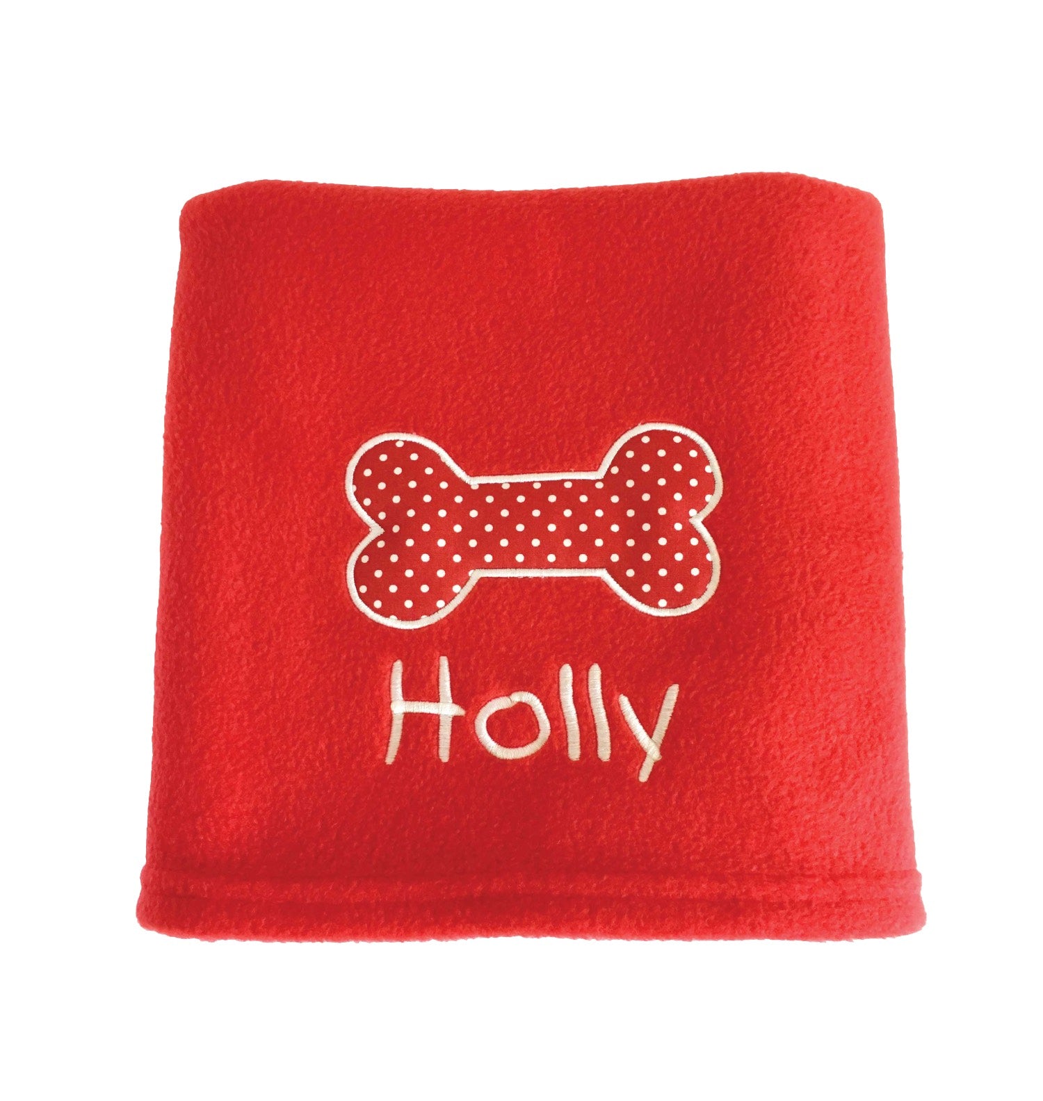 Personalised Red Dog Blanket with Appliqué Polka Dot Bone