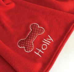 Personalised Red Dog Blanket with Appliqué Polka Dot Bone