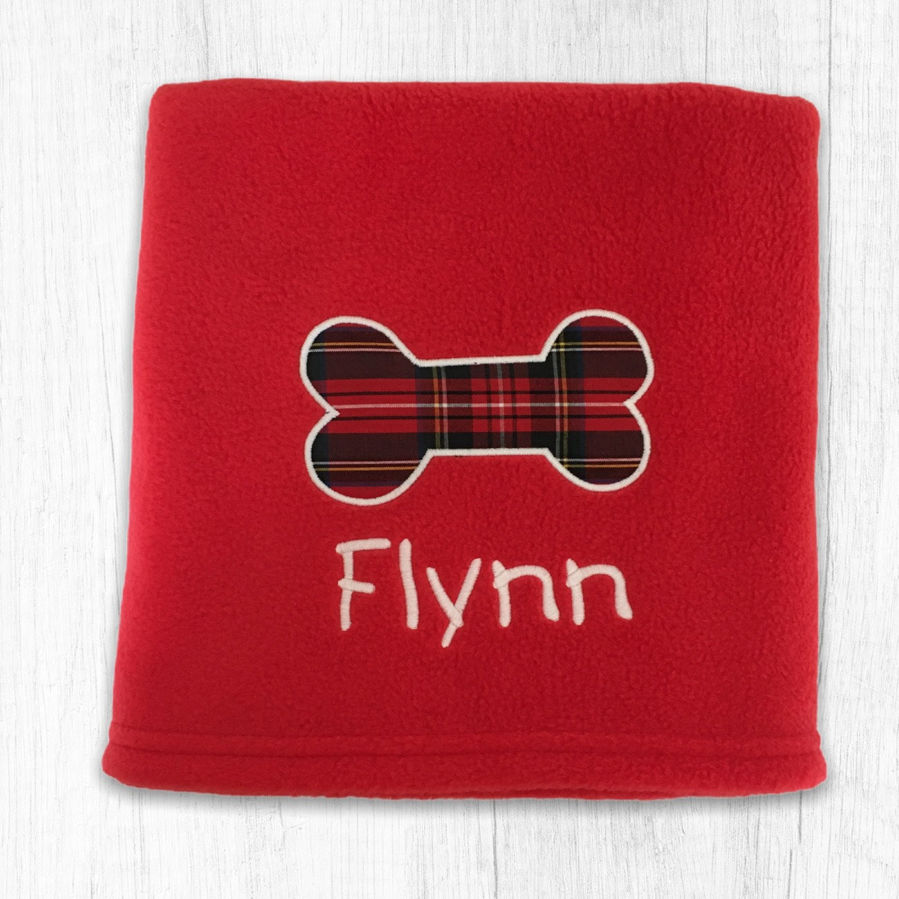 Personalised Christmas Dog Blanket with Red Tartan Bone