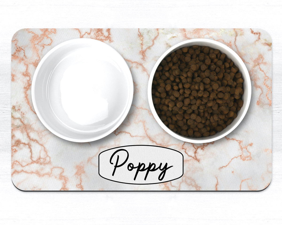 Personalised Rose Gold Marble Effect Neoprene Pet Bowl Placemat