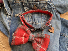 Ruby Red Harris Tweed Dog Collar With Detachable Bow Tie