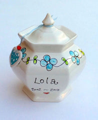 Hexagonal Personalised Dog Urn Blue Forget Me Nots