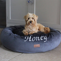 Personalised Donut Dog Bed In Grey Velvet by Miaboo