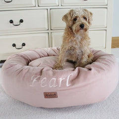 Personalised Donut Dog Bed In Blush Pink Velvet by Miaboo