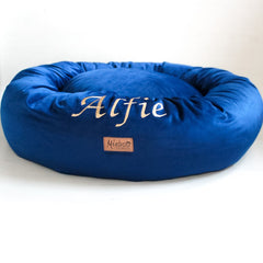 Personalised Donut Dog Bed In Cobalt Blue Velvet by Miaboo