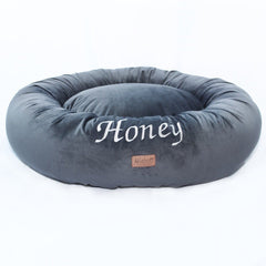 Personalised Donut Dog Bed In Grey Velvet by Miaboo