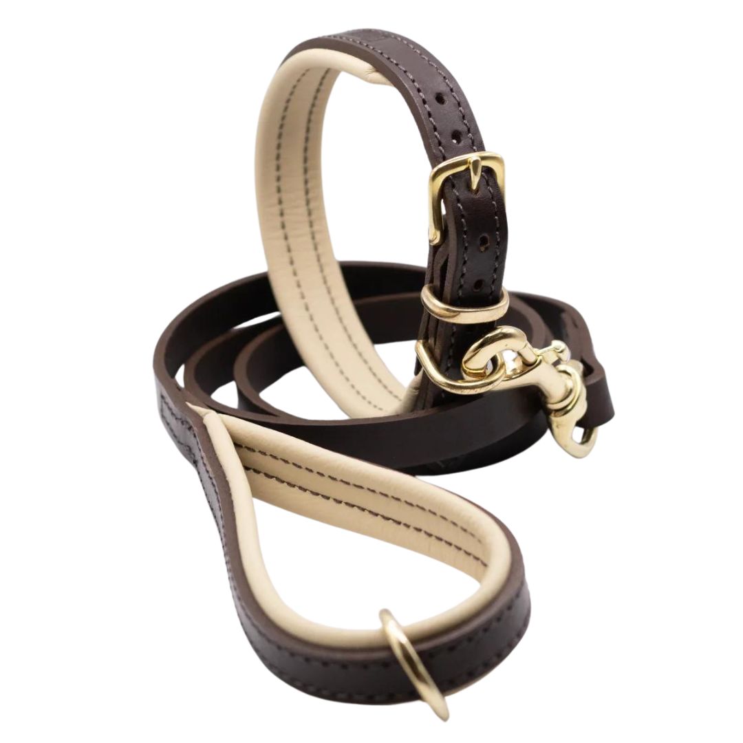 Brown & Cream Luxury Padded Leather Dog Collar and Lead Set by Dogs & Horses