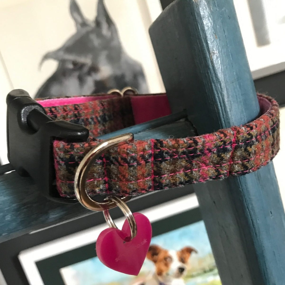 Damson Tweed Dog Collar and Lead with Pink Velvet Lining