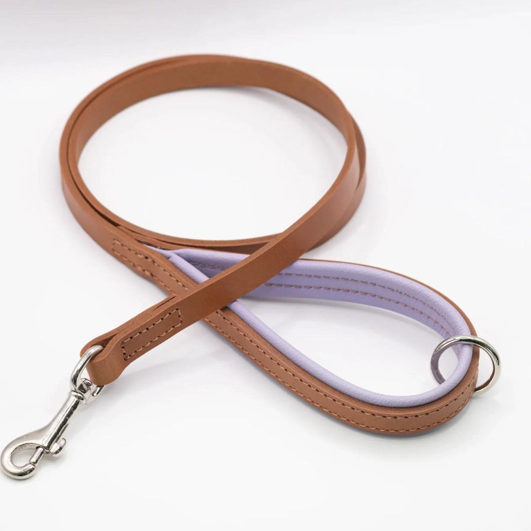 Dogs & Horses Luxury Padded Leather Dog Lead Tan & Lilac