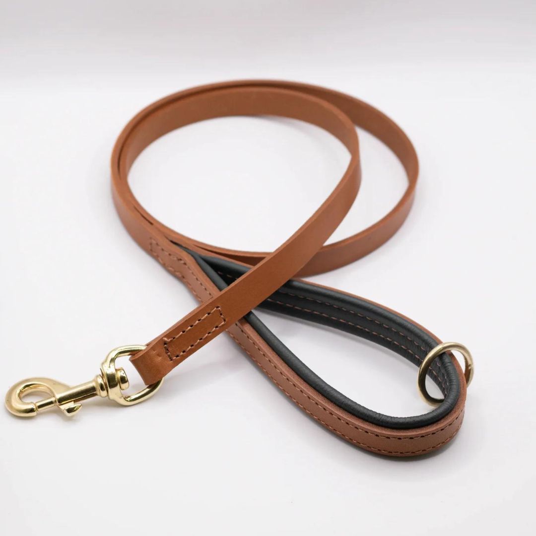 Dogs & Horses Luxury Padded Leather Dog Leads Tan and Racing Green