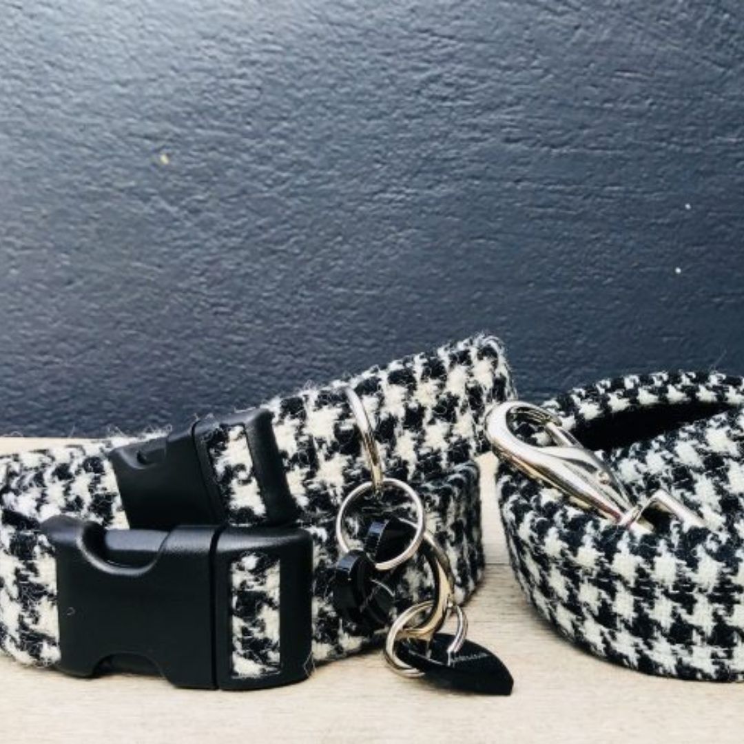 Mono Harris Tweed Black and White Dogtooth Designer Dog Collar & Lead Set