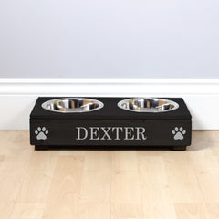 Personalised Black Wooden Double Dog Bowl Feeder With Silver Lettering