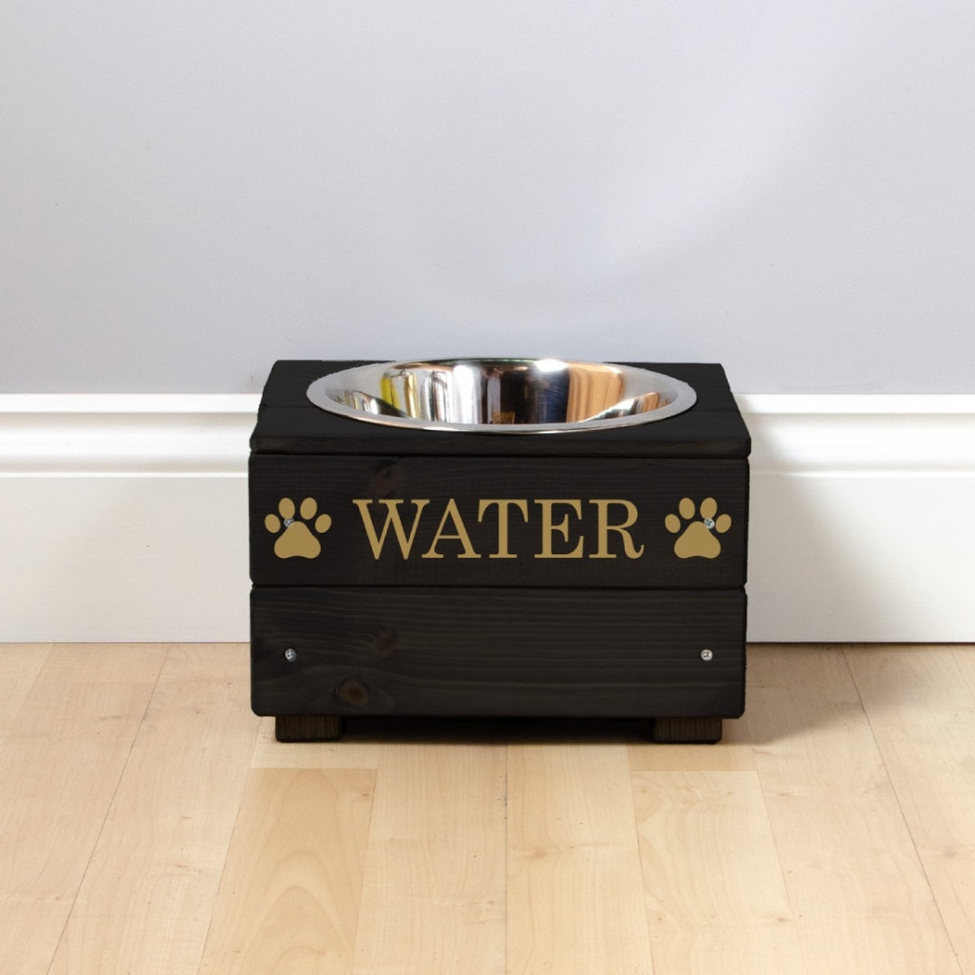 Personalised Black Wooden Single Dog Bowl Feeder With Gold Lettering